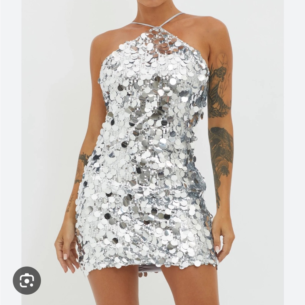 Selfie Leslie Silver Sequin Halter Mini Dress